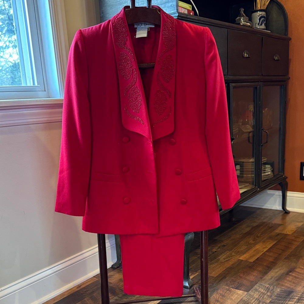 Elegant Red Double-Breasted Blazer + Skirt with pockets